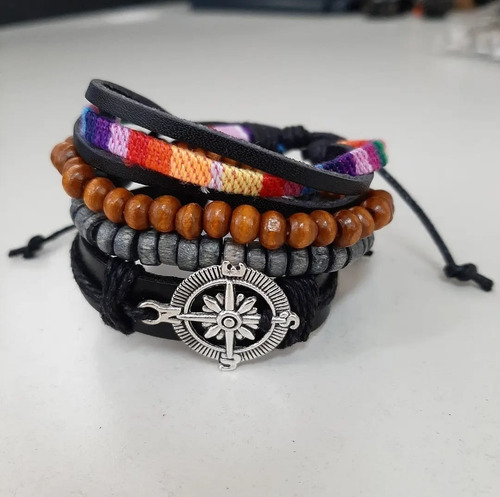 Conjunto Pulsera Brazalete Cuero Timon Brujula 4 En 1 Diámetro 19 Cm Largo 28 Cm