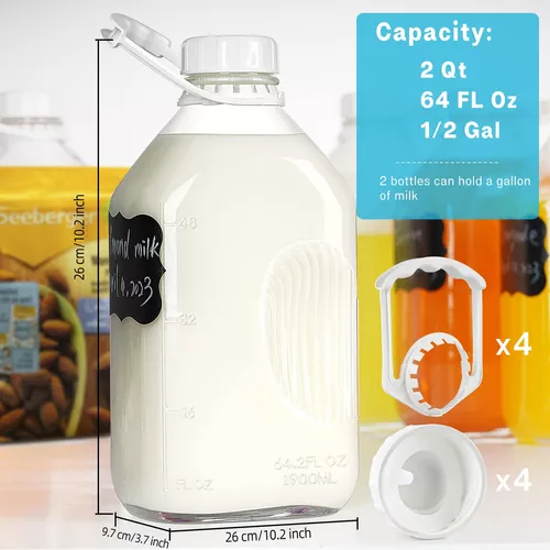  Botella de leche de vidrio de 2 cuartos de galón con tapa  hermética reutilizable fuerte y hermética, botellas de jugo de vidrio de 64  onzas para leche de almendras, leche de