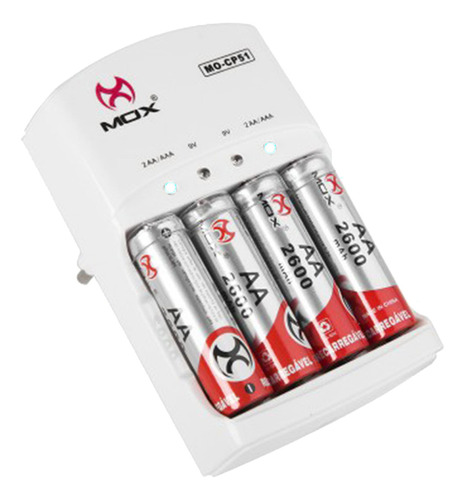 Carregador Mox Com 4 Pilhas Aa Recarregável 2600 Mah Mo-cp51