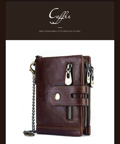 Cartera De Cuero Genuino Para Hombre Con Cadena Antirrobo Y