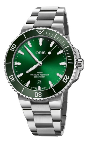 Reloj Oris Aquis Date 0173377894157-0782304peb Acero Correa Plateado Bisel Verde Fondo Verde