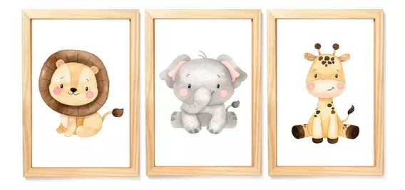 Kit 3 Quadros Decorativos - Safari Aquarela Baby