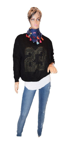 47 Street Sweater De Lana Negro Estampado Con Tachas