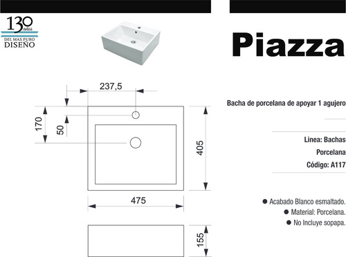 Bacha Apoyo Cuadrada 1 Agujero Piazza Lavatorio Pileta A117