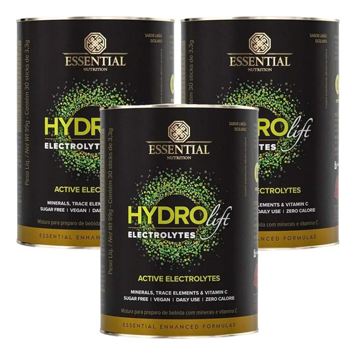 Kit 3x Hydrolift Essential Nutrition - 30 Saches - Vegano Sabor Limão