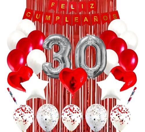 Kit Decoración Feliz Cumpleaños Bombas Rojo+cortina+numero
