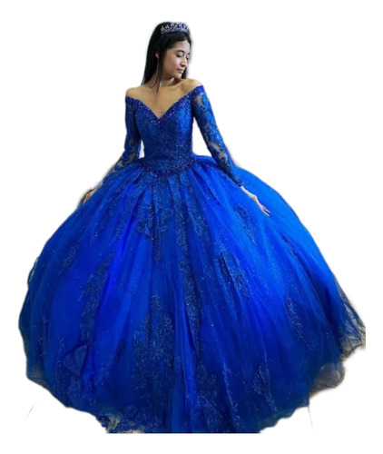 Vestido De Xv Quinceañera Azul Manga Larga Con Lentejuela