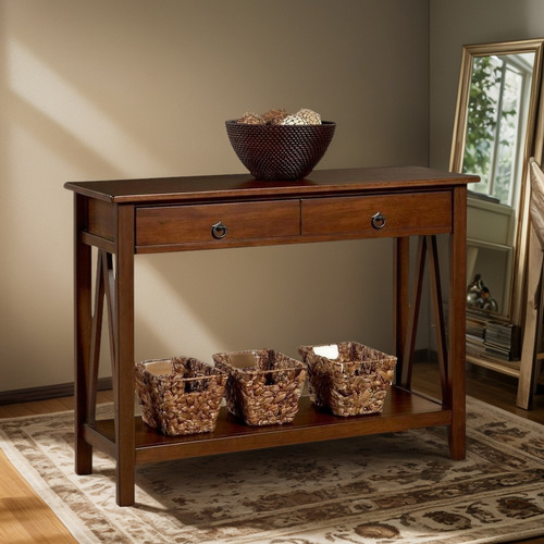 Mesa Consola De Madera Y Mdf Color Tabaco Doble Cajón Titian