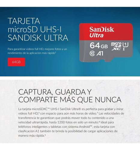 Imagen 2 de 3 de Tarjeta Micro Sdxc 64gb Sandisk Ultra, C10, U1, A1, 100mb/s