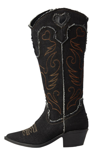 Bota Negro Mezclilla 8009 Vaquera Cowboy Mujer Tacón Ancho