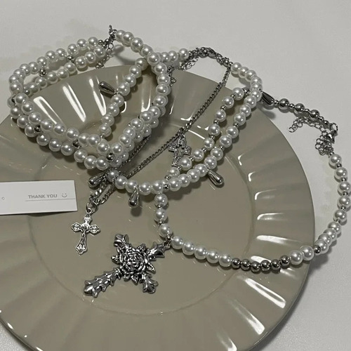 Collar Pearl Cross Con Cadena De Clavícula Multicapa Para Mu