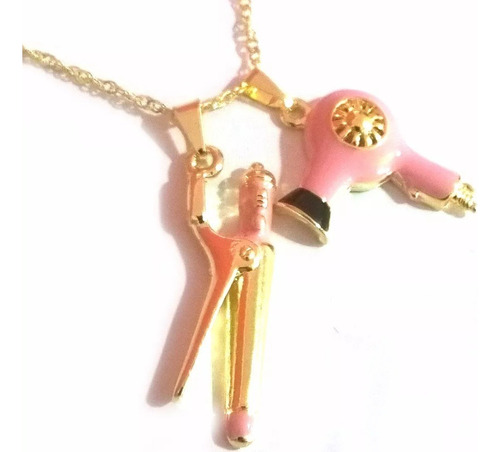 Cordão Colar Cabeleireira Chapinha Secador Rosa Folheado 18k