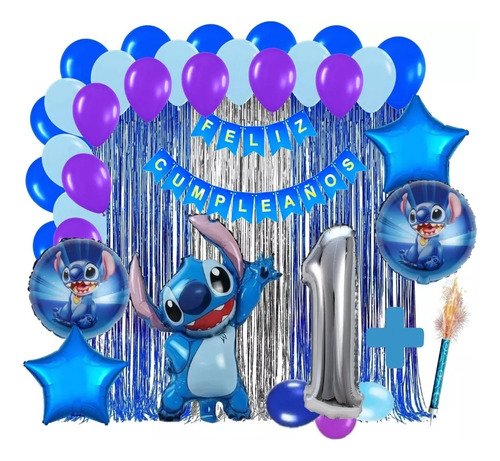 Kit Decoracion Lilo Y Stitch Azul Plateado Cortina Numero