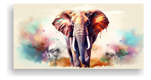 40x20cm Cuadro Elefante Africano En Acuarelas Bastidor Mader