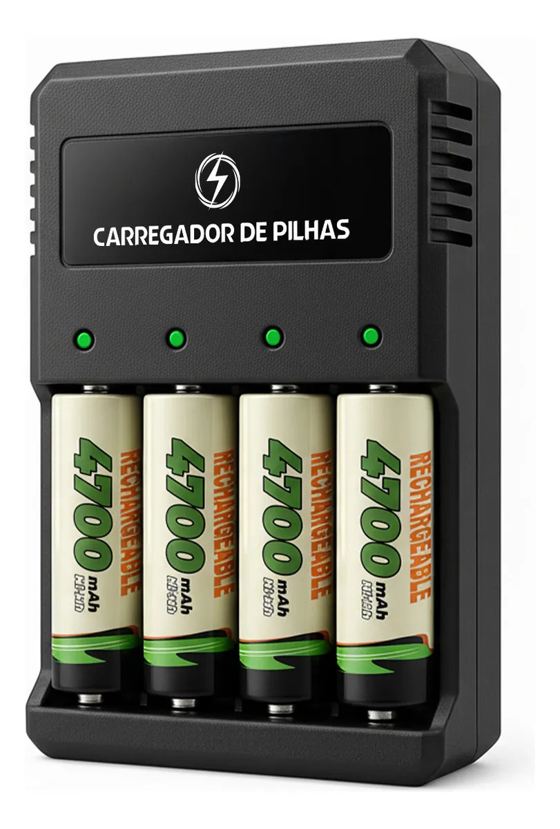Carregador De Pilhas Aa/aaa Bivolt + 4 Pilhas Recarregáveis Carregador 4 Pilhas Aaa Palito
