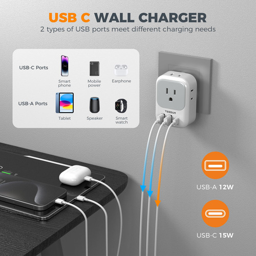 Adaptador De Enchufe Tessan Tipo M Con 4 Salidas De Corrient