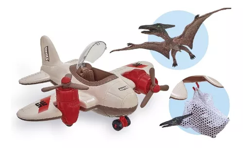 Avião Brinquedo + Dinossauro Pterodáctilo Vinil E Rede Caça - R$ 76,99