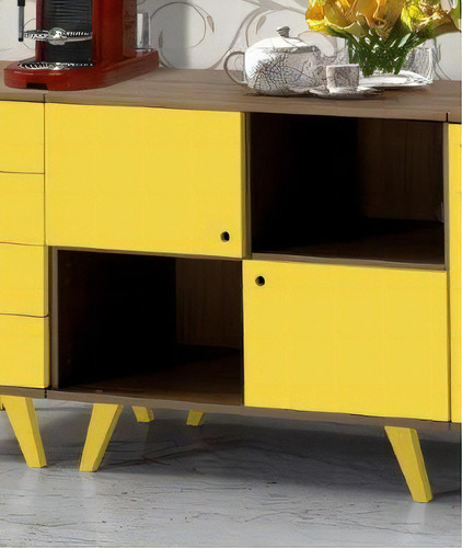 Balcão Buffet Modular Sancho 2 Portas 2 Nichos Cor Amarelo/carvalho