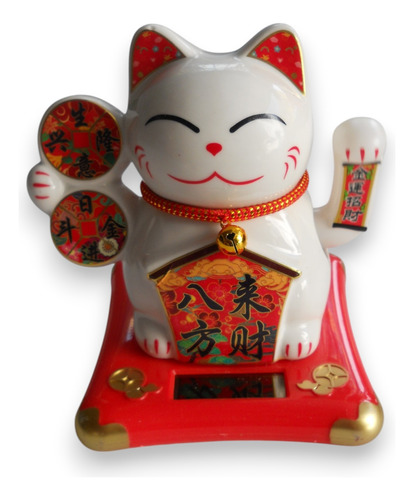 Gato De La Suerte Solar Maneki Neko Cerámica Grande Blanco