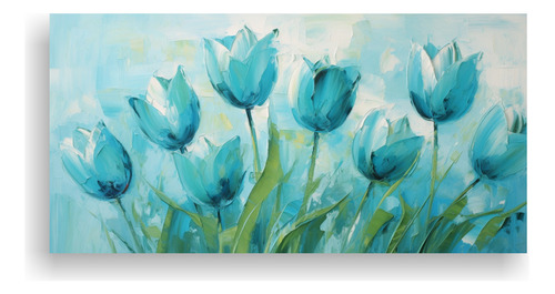 60x30cm Pintura De Tulipanes Turquesa En Lienzo Flores