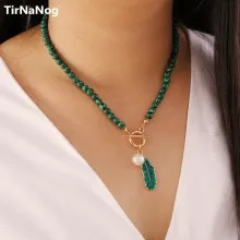 Collar Colgante Verde Con Perlas Y Hojas Para Mujer, Colgant