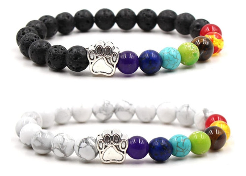 2 Piezas 7 Chakra Lava Rock Dog Paw Beaded Bracelet Set Para