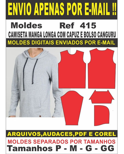 Imagem 1 de 3 de Moldes Camiseta Manga Longa Com Capuz E Bolso Masculina