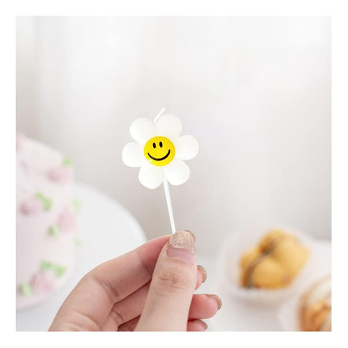 5 Pcs Flor Blanca Con Velas De Cumpleaños Sonrientes, Velas