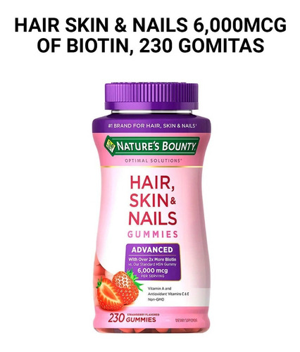 Imagen 1 de 5 de Hair Skin & Nails 6,000mcg Of Biotin, 230 Gomitas