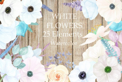 Kit Imágenes Digitales Flores Blancas Watercolor White Flowe