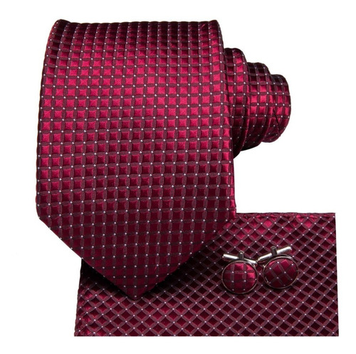 B3166 Seda | Corbata Pañuelo Mancuernillas | Roja Cuadritos