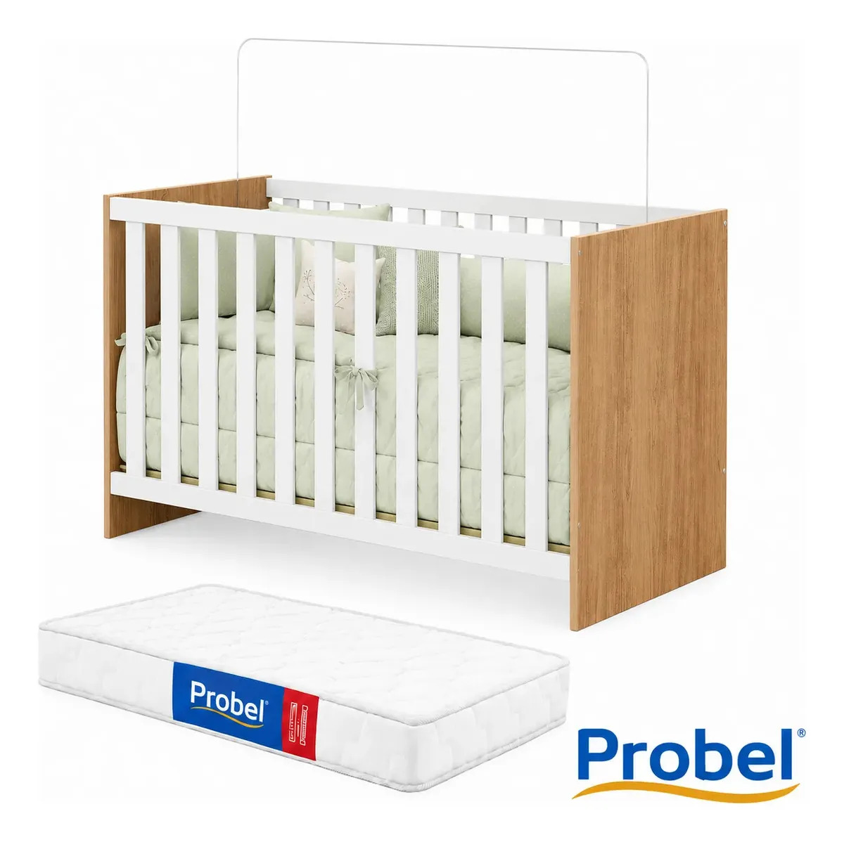 Berço Cama Com Colchão Infantil Probel E Grade De Proteção Removível Branco Amadeirado Para Quarto De Bebê Menino Ou Menina Life