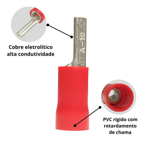 Terminal Pré Isolado Vermelho Pino Chato 10mm 100pçs