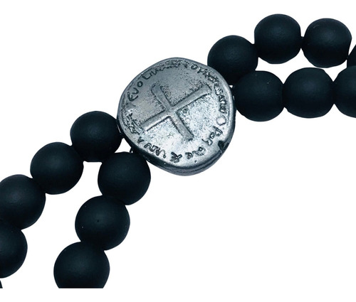 Pulseira Terço Medalha Das Duas Cruzes Preto Fosco