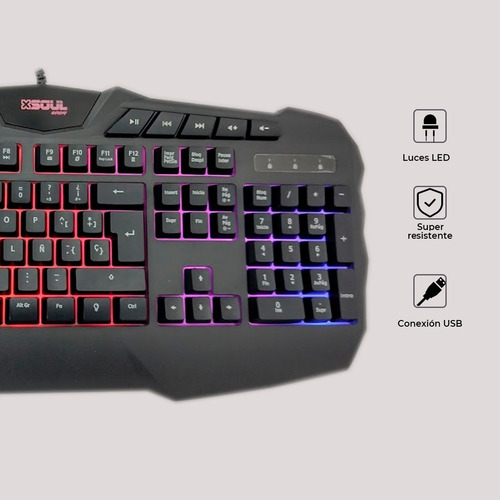 Teclado gamer Soul XK700 QWERTY inglés color negro con luz RGB USB