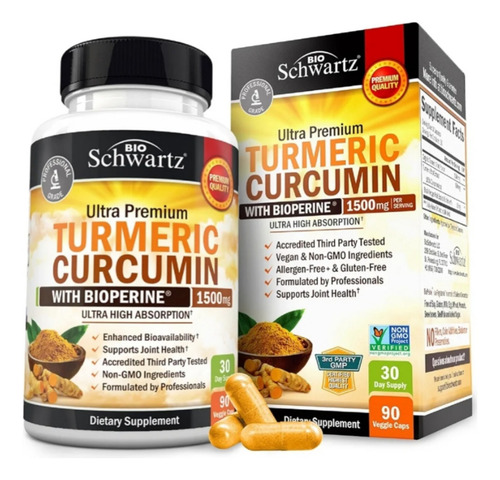 Turmeric Curcumin 1500 Mg 90 Cáps C/bioperine Importado Vegano