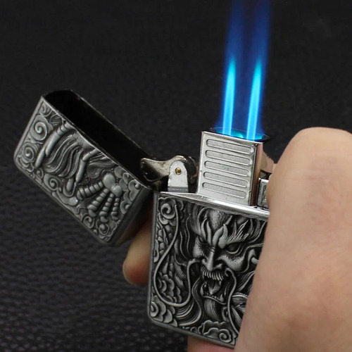 Encendedor Doble Soplete Recargable Dragon Cromo Sin Gas