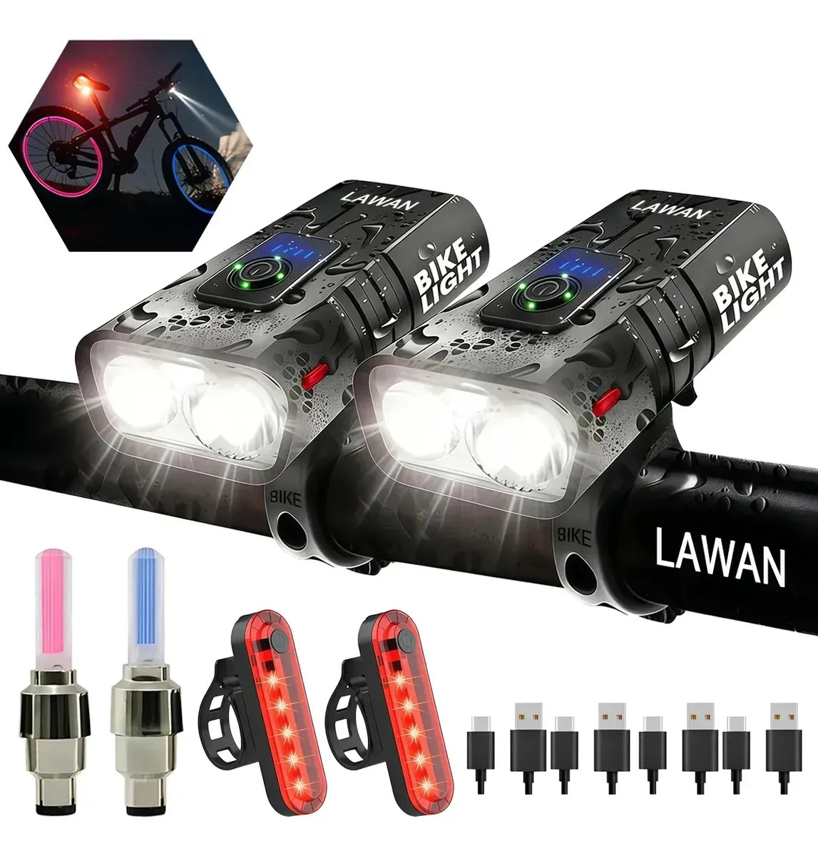 Juego 6 Luces Bici 2000lm Recargable Ipx6 6 Modos Emergencia Lawan Ab02 Negro