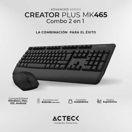 Kit Acteck 2 En 1 Teclado Mouse Inalámbrico Mk465 Color Negr
