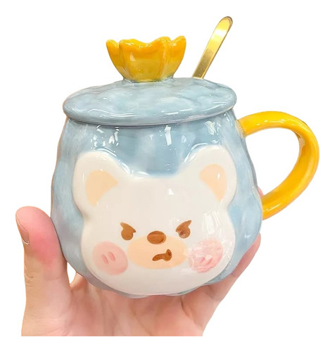 Taza Con Cuchara Diseño De Oso Kawai Decorativa Celeste