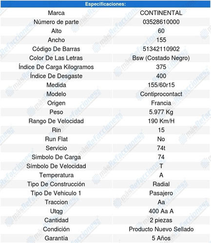Par Llantas 155/60r15 74t Continental Contiprocontact