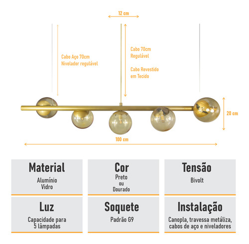 Lustre Pendente Figo Com 5 Globos Esfera De Vidro Estrutura Ouro/ Vidro Âmbar 110v/220v