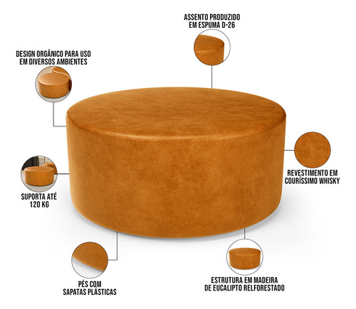 Puff Redondo Orgânico Para Living 90cm Lola Couríssim Whisky
