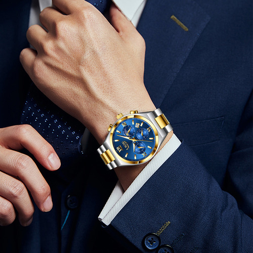 Reloj Pulsera Relojes Hombre Impermeable Acero Inoxidable Correa Plateado/Dorado Bisel Dorado Fondo Azul
