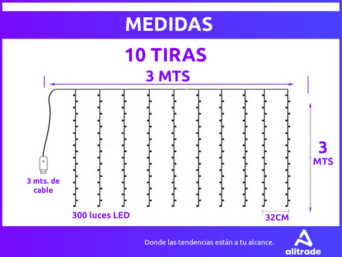 Cortina Led 3x3 mts 300 Luces 10 Tiras Lluvia Usb Alambre Control Efectos Decoraciones Navideñas