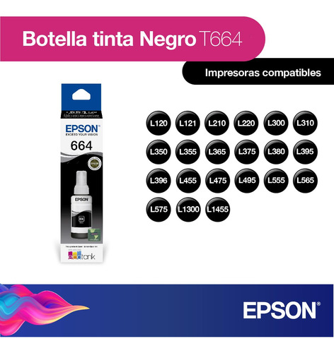 Botella De Tinta Color Negro Epson Ecofit T664 70ml