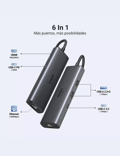 Hub Ugreen Cm512 6 En 1 Usb/rj-45 /usb-c/ Hdmi-45000 Color Gris