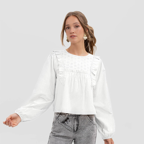 Blusa Manga Larga Volantes Blanca Mujer Raindoor