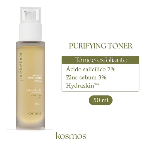 Purifying Toner Kosmos Tónico Purificante Ácido Salicílico 2% + Zinc Ideal para control de oleosidad, prevención de formación de puntos negros, libre de alcohol y fragancia 50mL