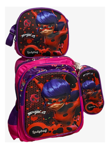 Combo Mochila Lonchera Lapicera 3d Con Luz Ladybug Reforzada